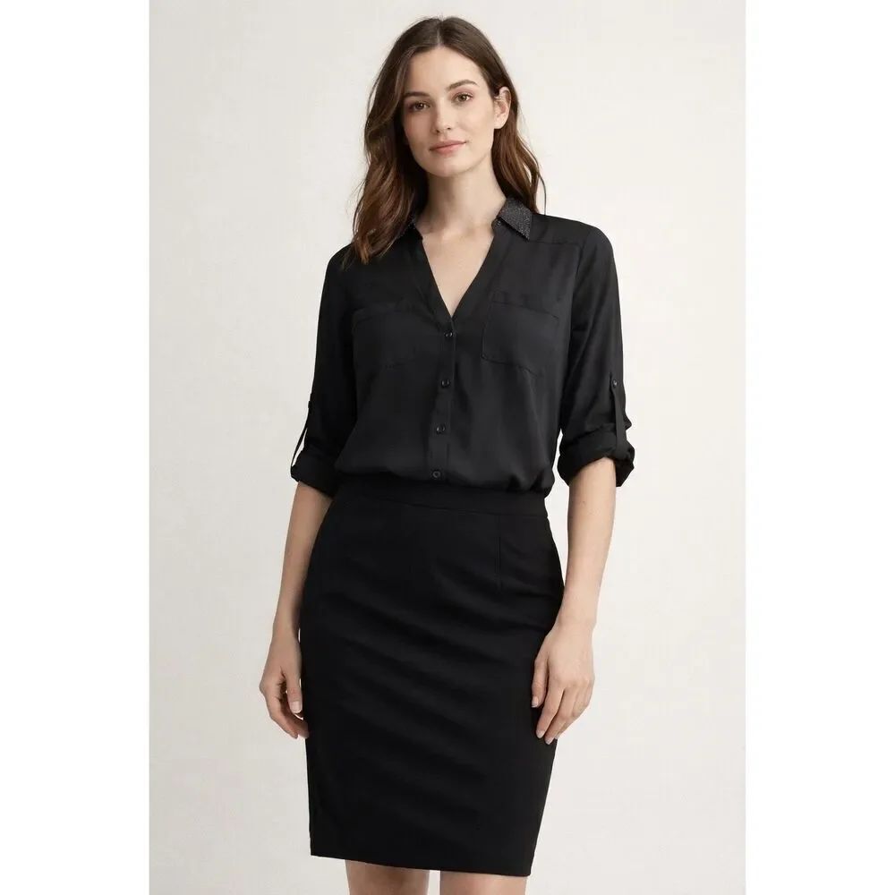 Express Portofino Black Button Shirt XS Roll Tab Sleeve Blouse
